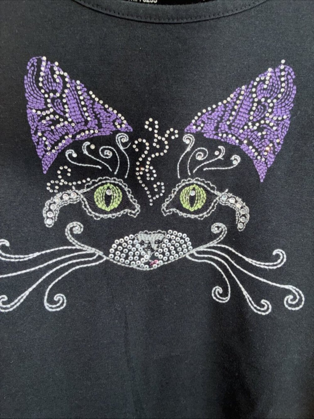 Coral Bay Petite PXL T Shirt Womens Black Purple Beaded Embroidered Cat Top 3/4